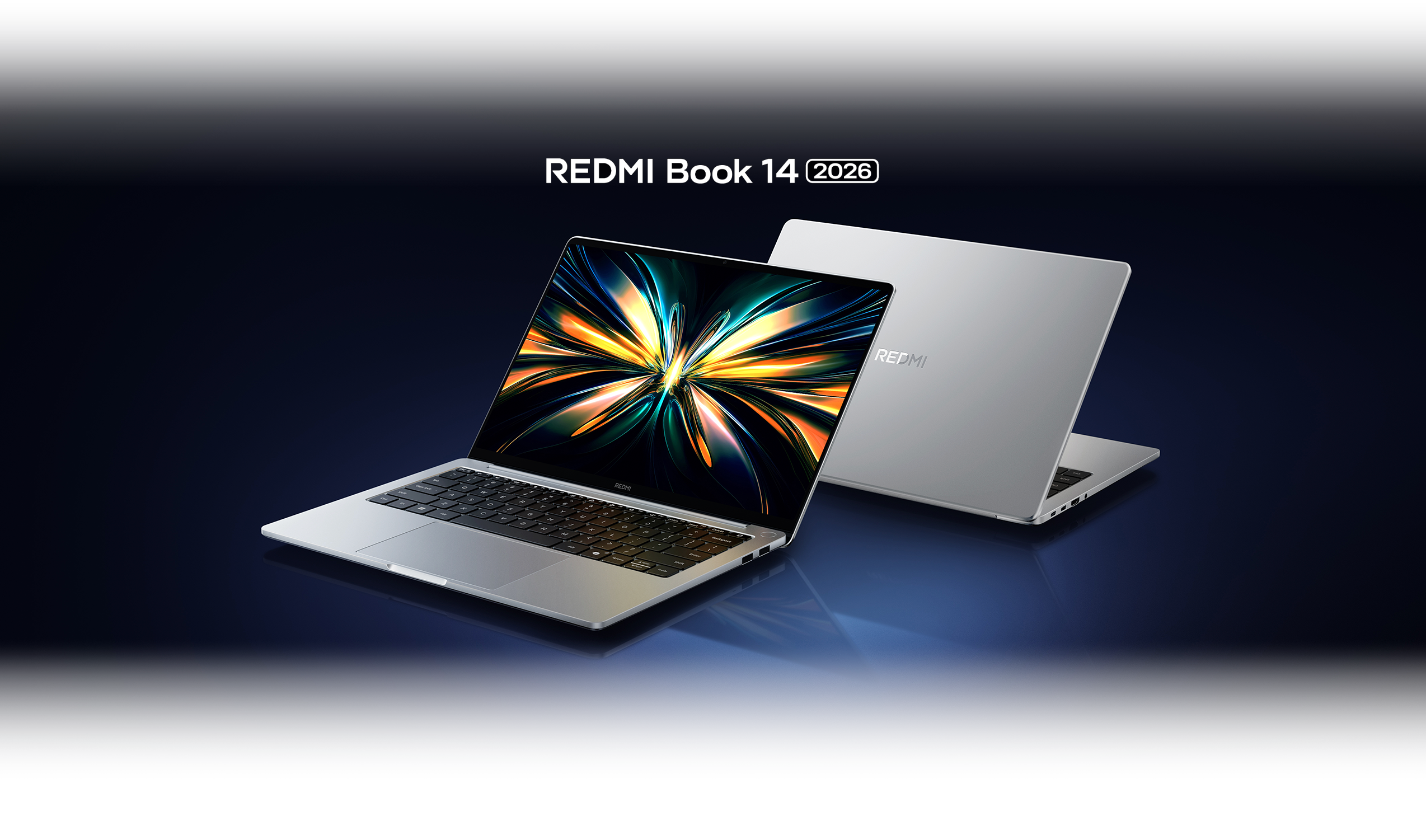 Xiaomi Redmibook 14 (2026): voor- en achteraanzicht van de zilver laptop