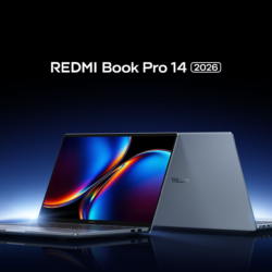 Hoofdafbeelding van de Xiaomi Redmibook 14 Pro 2026, schuine weergave met blauwe gloed en REDMI logo